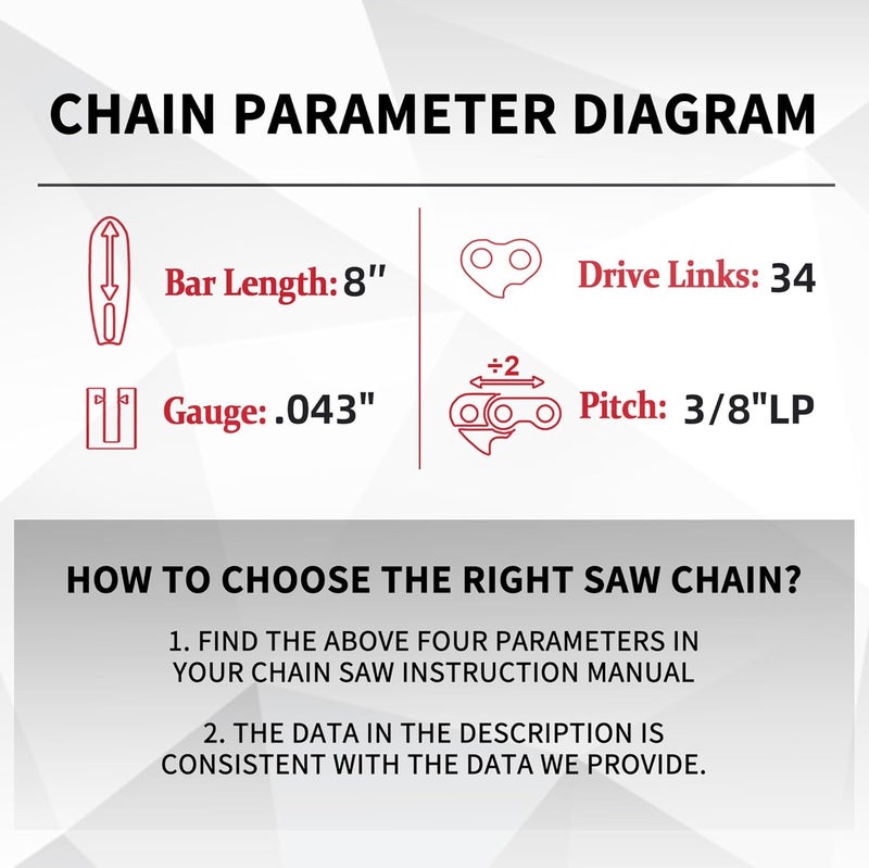 ES 3 Pack 8 Inch Chainsaw Chain 3/8" LP Pitch .043" Gauge 34 Drive Links Semi-Chisel Chain Saw Chains for Husqvarna, Poulan, Craftsman, Greenworks and More Chainsaw Brands - Image 3